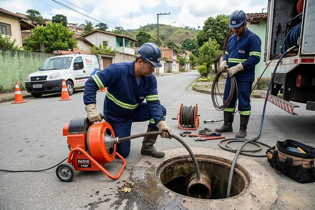 Equipe fazendo desentupimento enquanto dá dicas de prevenção.