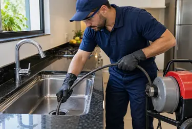 Profissional realizando desentupimento de pia com equipamentos apropriados.