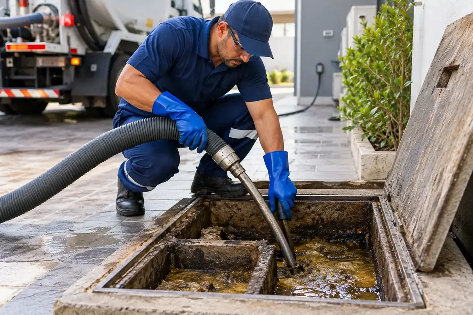 Profissional realizando limpeza de caixa de gordura.