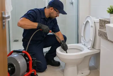 Técnico desentupindo vaso sanitário com ferramentas adequadas.