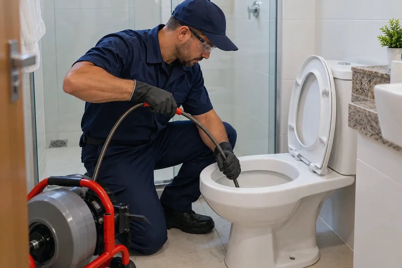 Técnico desentupindo vaso sanitário com ferramentas adequadas.