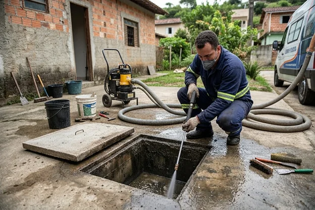 Técnico em processo de limpeza de caixa de gordura.
