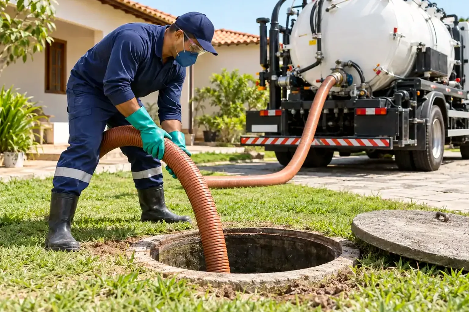 Técnico especializado na limpeza de fossa séptica.