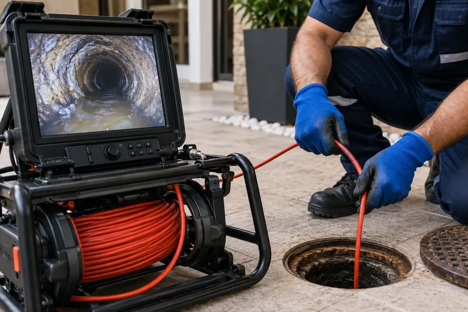 Técnico inspecionando tubulação com câmera.