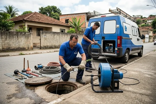 Técnicos de desentupidora trabalhando em uma situação de desentupimento.